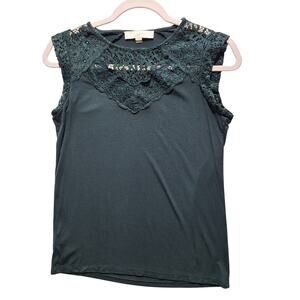 Loft Tank Top XS Dark Forest Green Lace Trim Neckline Dark Fairy Cottagecore Fem